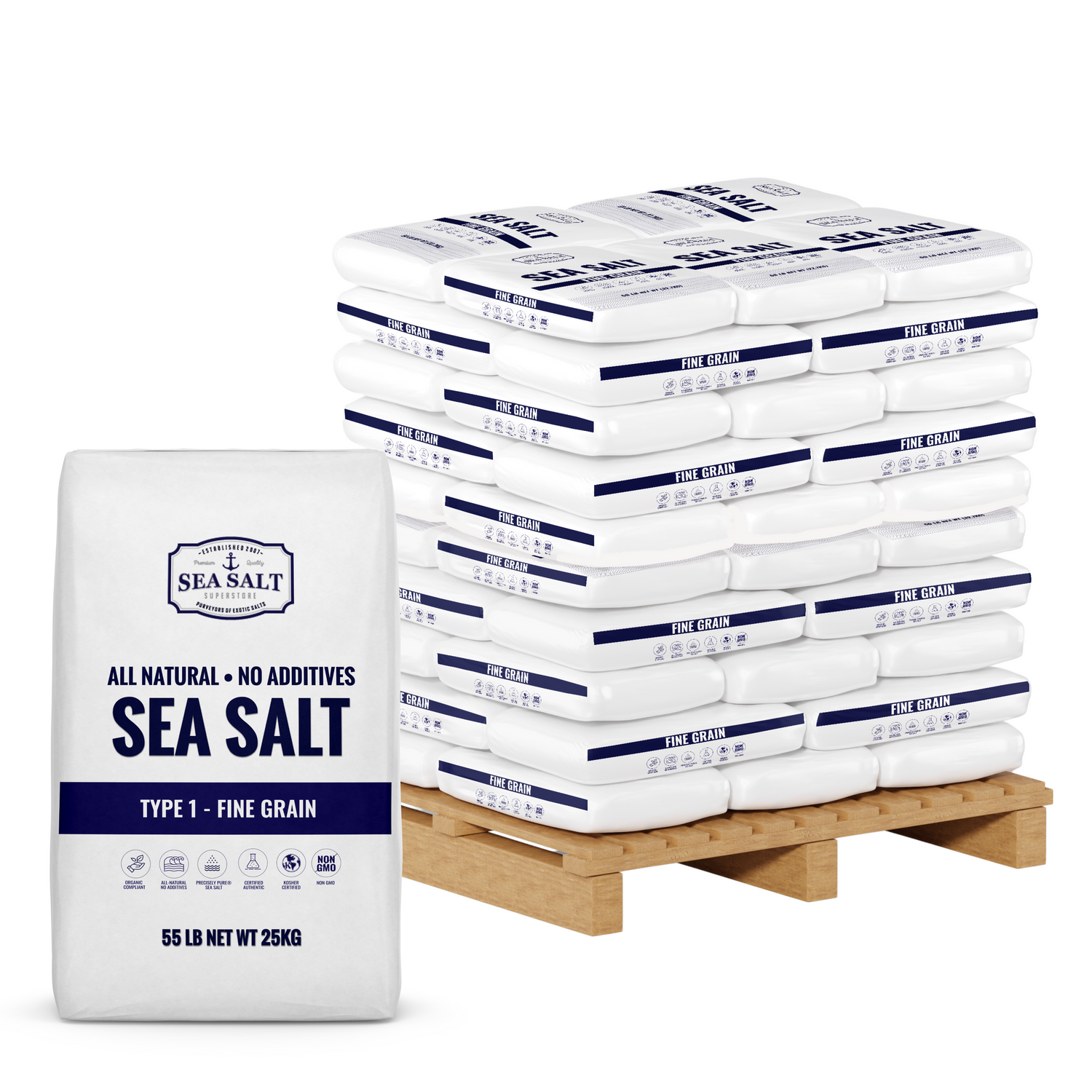Small/Fine Grain - Natural Sea Salt - Bulk Pallet of 55 lb bags displayed on a wooden pallet.