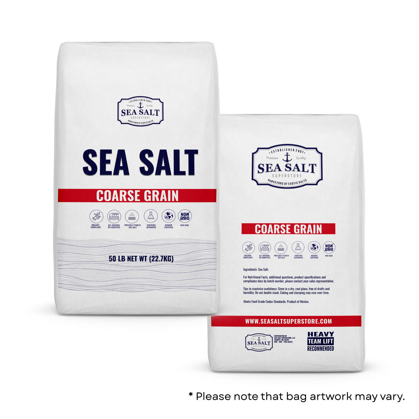Coarse Grain - Natural Sea Salt - Bulk Pallet bags displaying 50 lb net weight and product details.