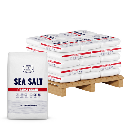 Coarse Grain - Natural Sea Salt - Half Pallet displayed with 50 lb bags on a wooden pallet for bulk use.