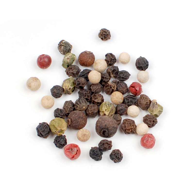 FIVE PEPPERCORNS BLEND - 8 lb bag / box each featuring black, white, green, pink, and Sichuan peppercorns.