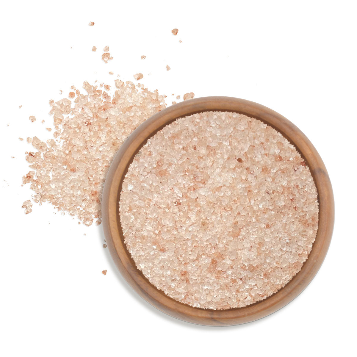 Himalayan Pink Salt - Chef Pinch Jar - Case Pack - 8 units in a wooden bowl with salt grains scattered around.