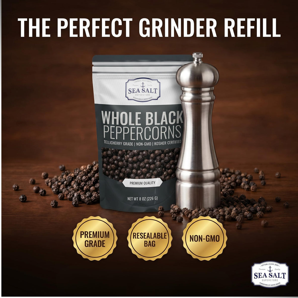 Whole Black Peppercorns - Grinder Refill