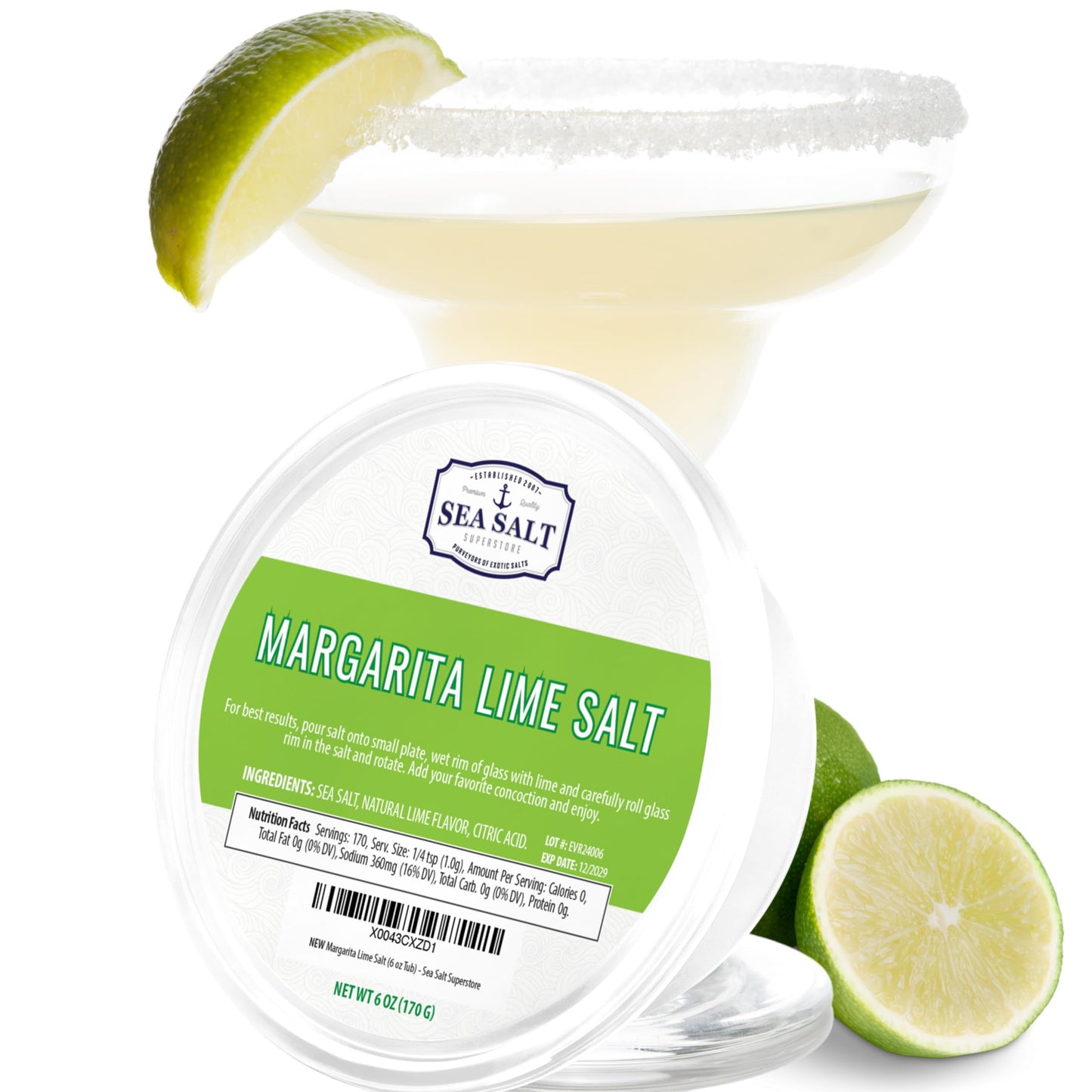 Margarita Lime Sea Salt - 6 oz Tub with a margarita and lime slices in the background.