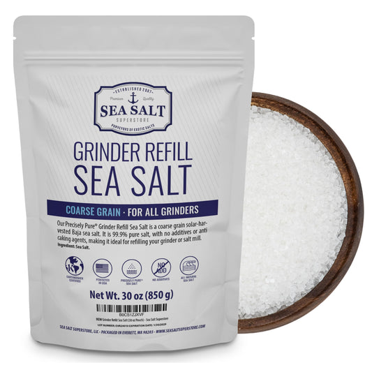 Grinder Refill Sea Salt - 30 oz Pouch with coarse grain sea salt for grinders and cooking in a zippered pouch.
