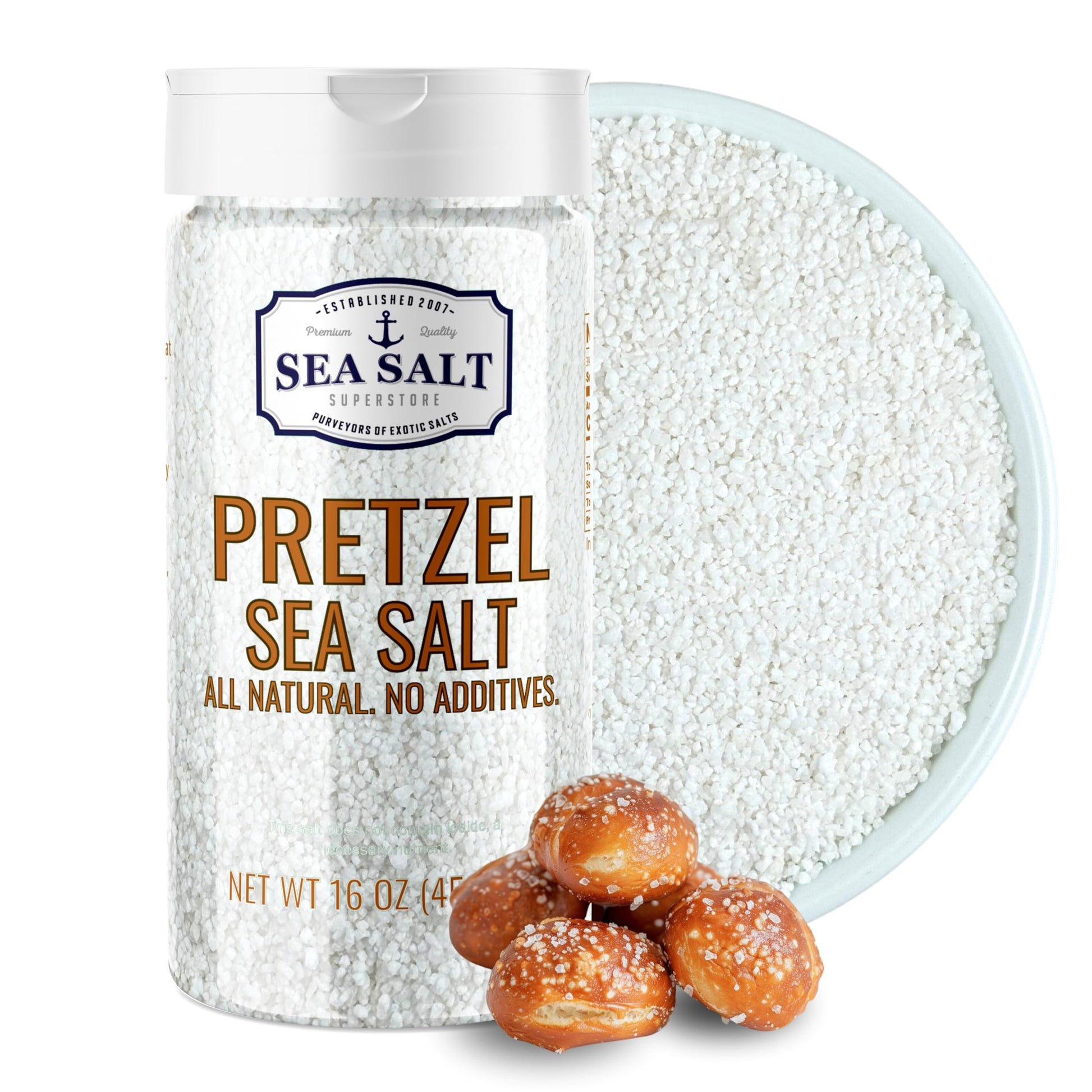 Pretzel Sea Salt - 16 oz Shaker in a clear container with pretzel bites and a bowl of salt.