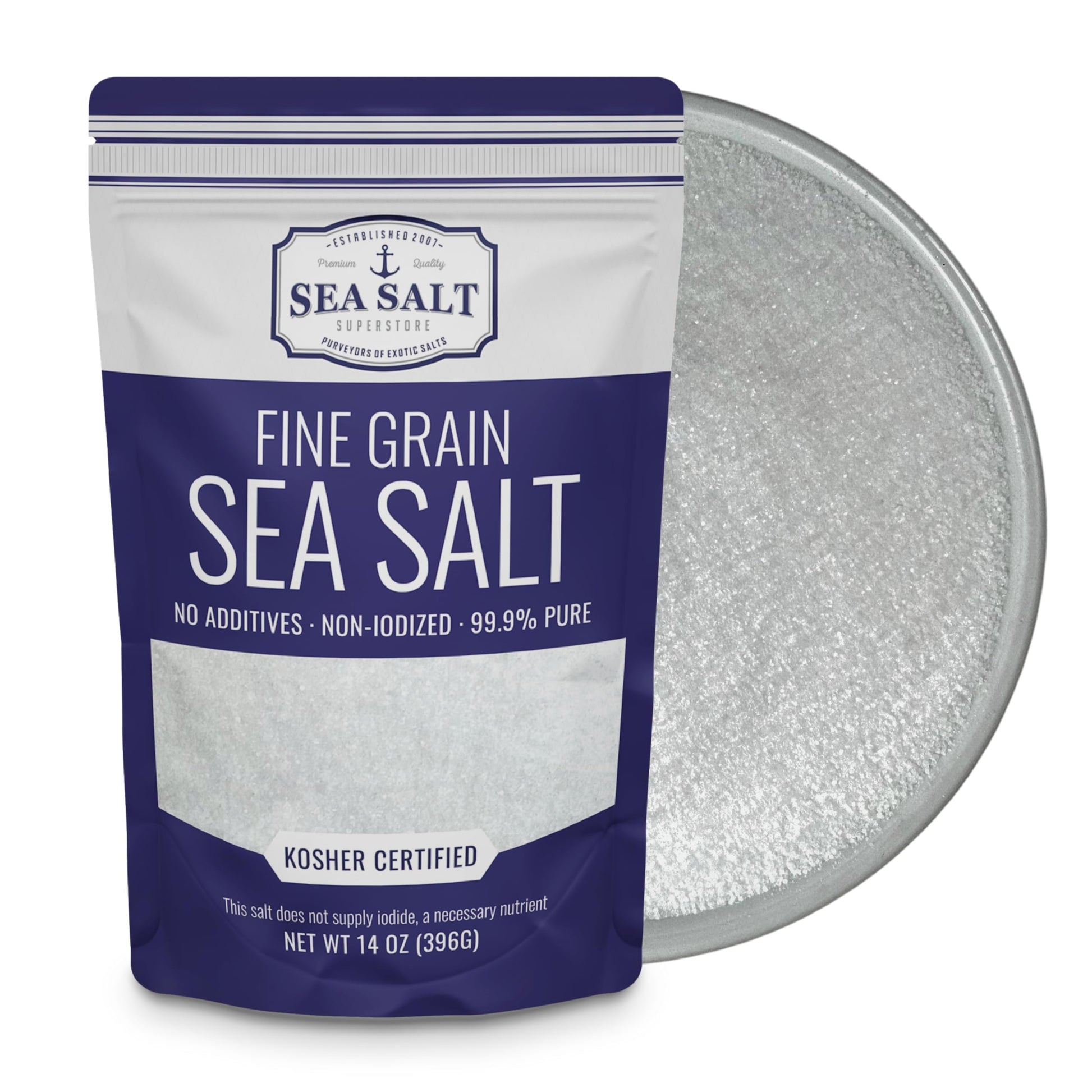 Fine Grain Sea Salt 14 oz Pouch showcasing all-natural, pure salt with no additives for flavorful meals.