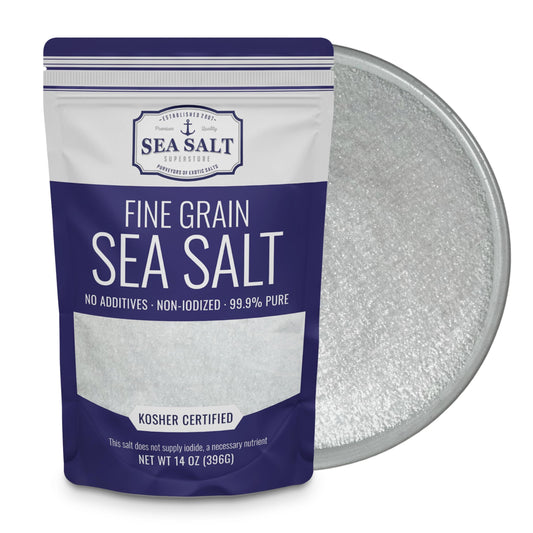 Fine Grain Sea Salt 14 oz Pouch showcasing all-natural, pure salt with no additives for flavorful meals.