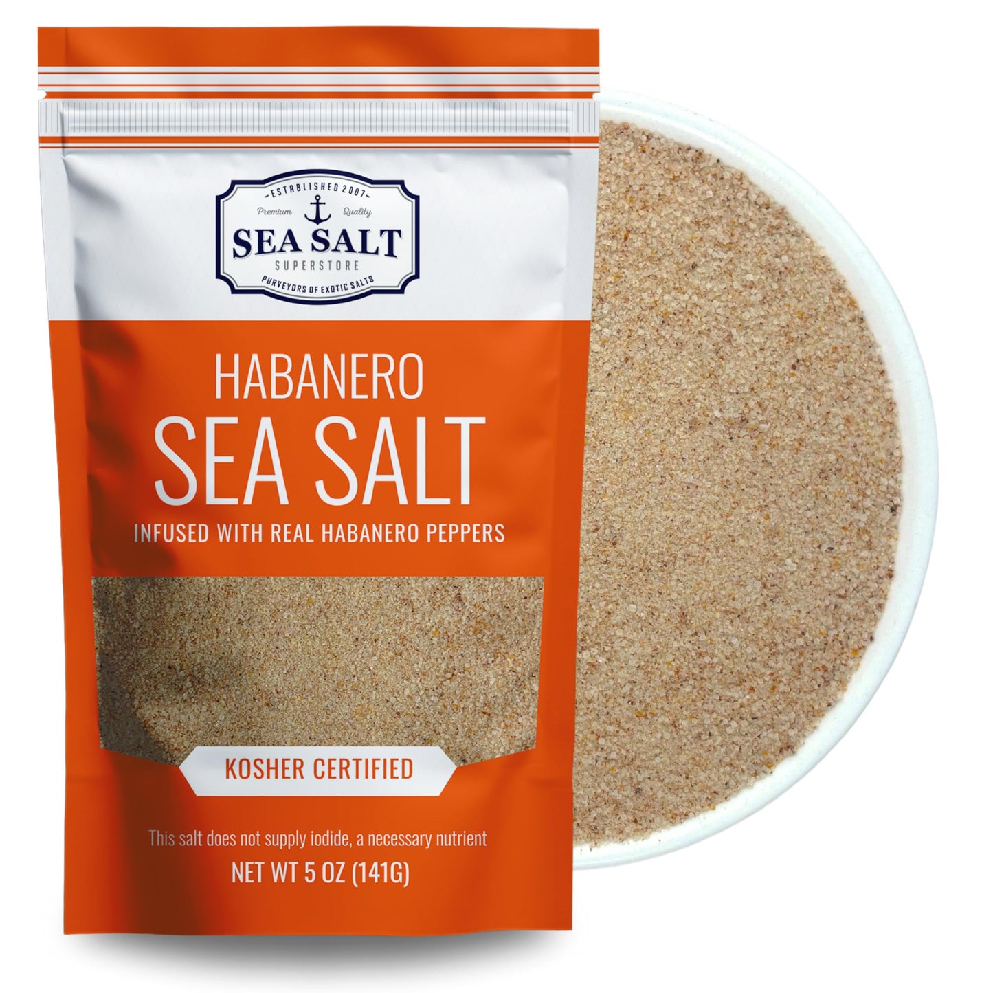 Habanero Sea Salt 5 oz Pouch featuring all-natural sea salt and habanero peppers for a spicy seasoning.