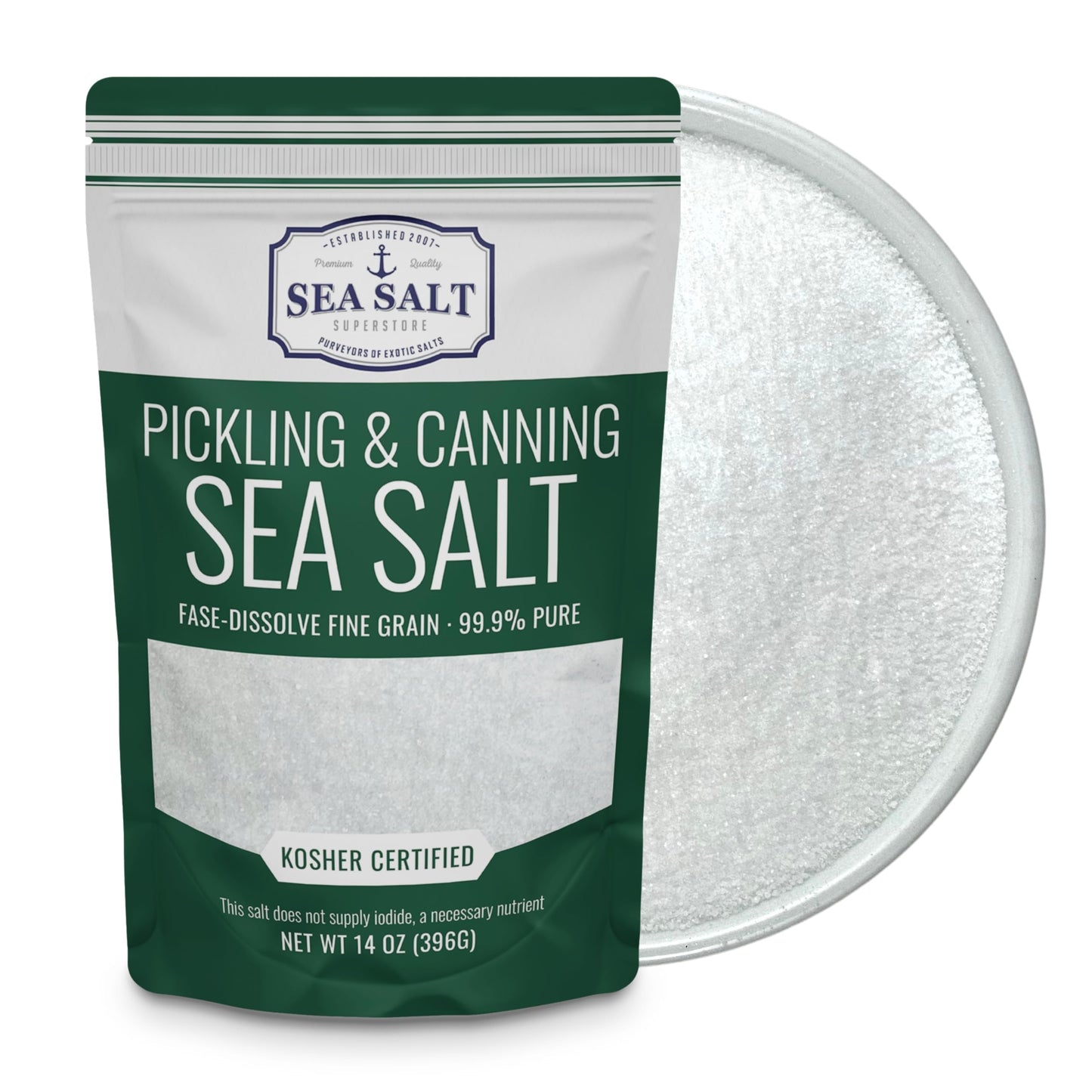Pickling and Canning Sea Salt - 14 oz Pouch, fine grain kosher certified sea salt for preserving and canning.