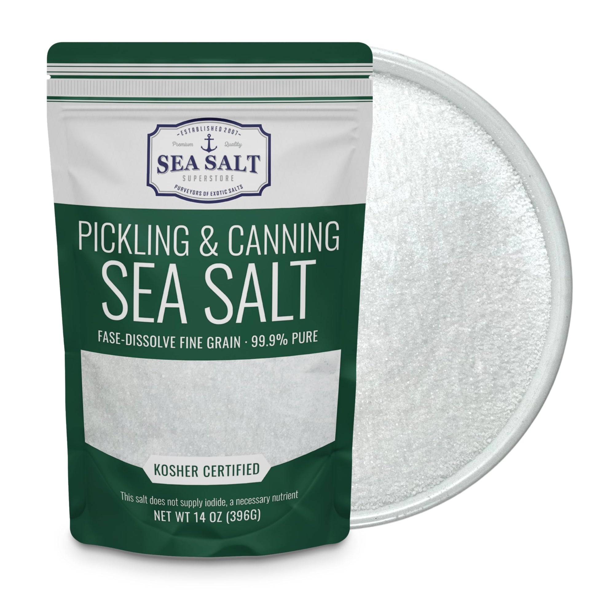 Pickling and Canning Sea Salt - 14 oz Pouch, fine grain kosher certified sea salt for preserving and canning.