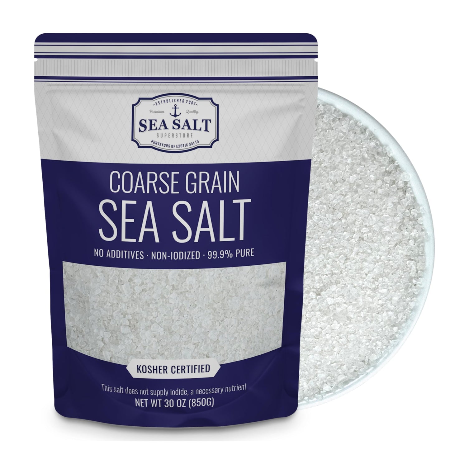 Sea Salt Coarse Grain - 30 oz Pouch packaging with white coarse grain sea salt.