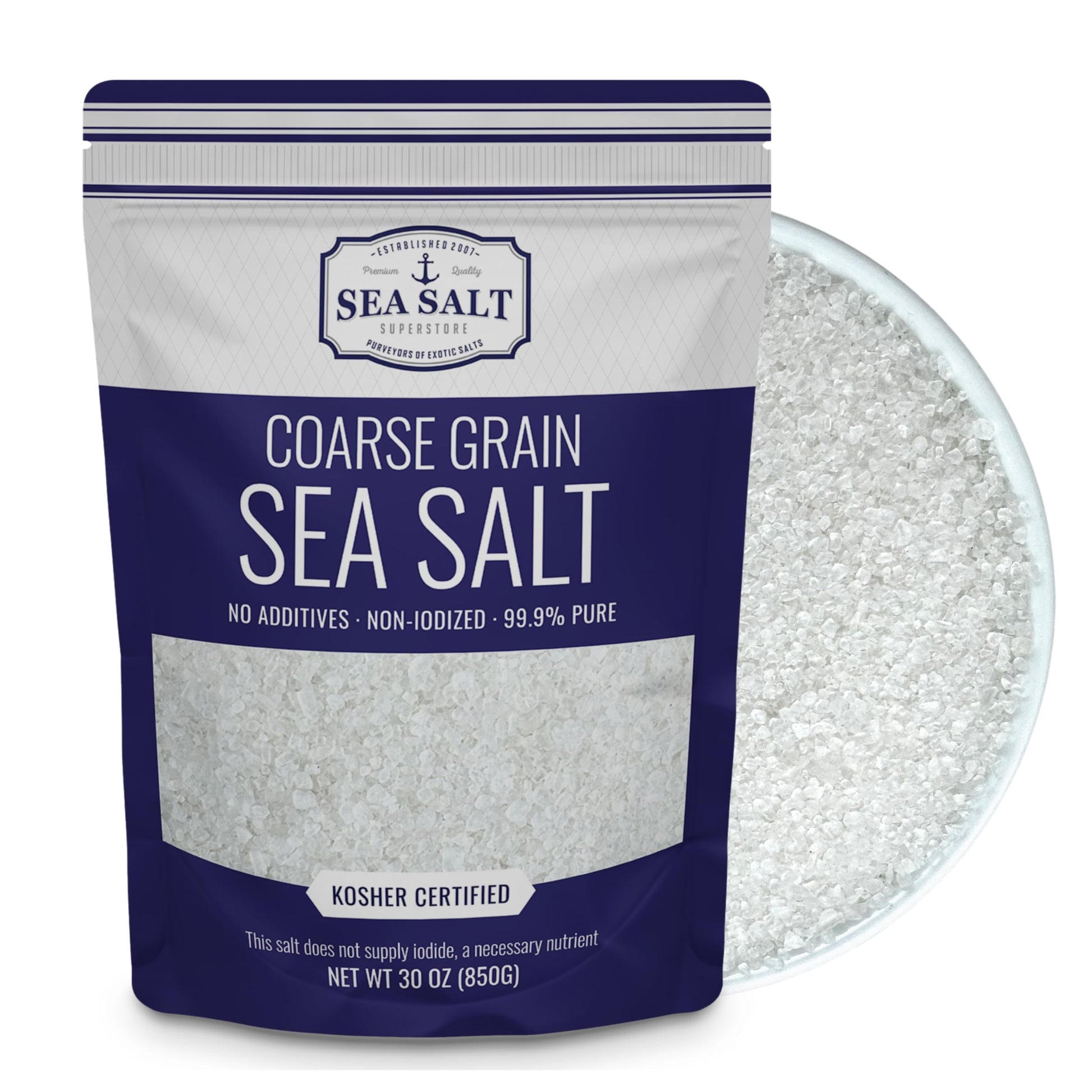 Sea Salt Coarse Grain - 30 oz Pouch packaging with white coarse grain sea salt.