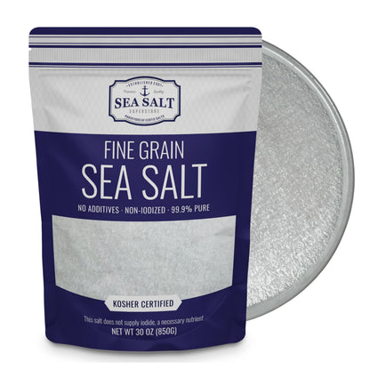 Sea Salt Fine Grain - 30 oz Pouch featuring 99.9% pure salt with no additives, perfect for enhancing meals.