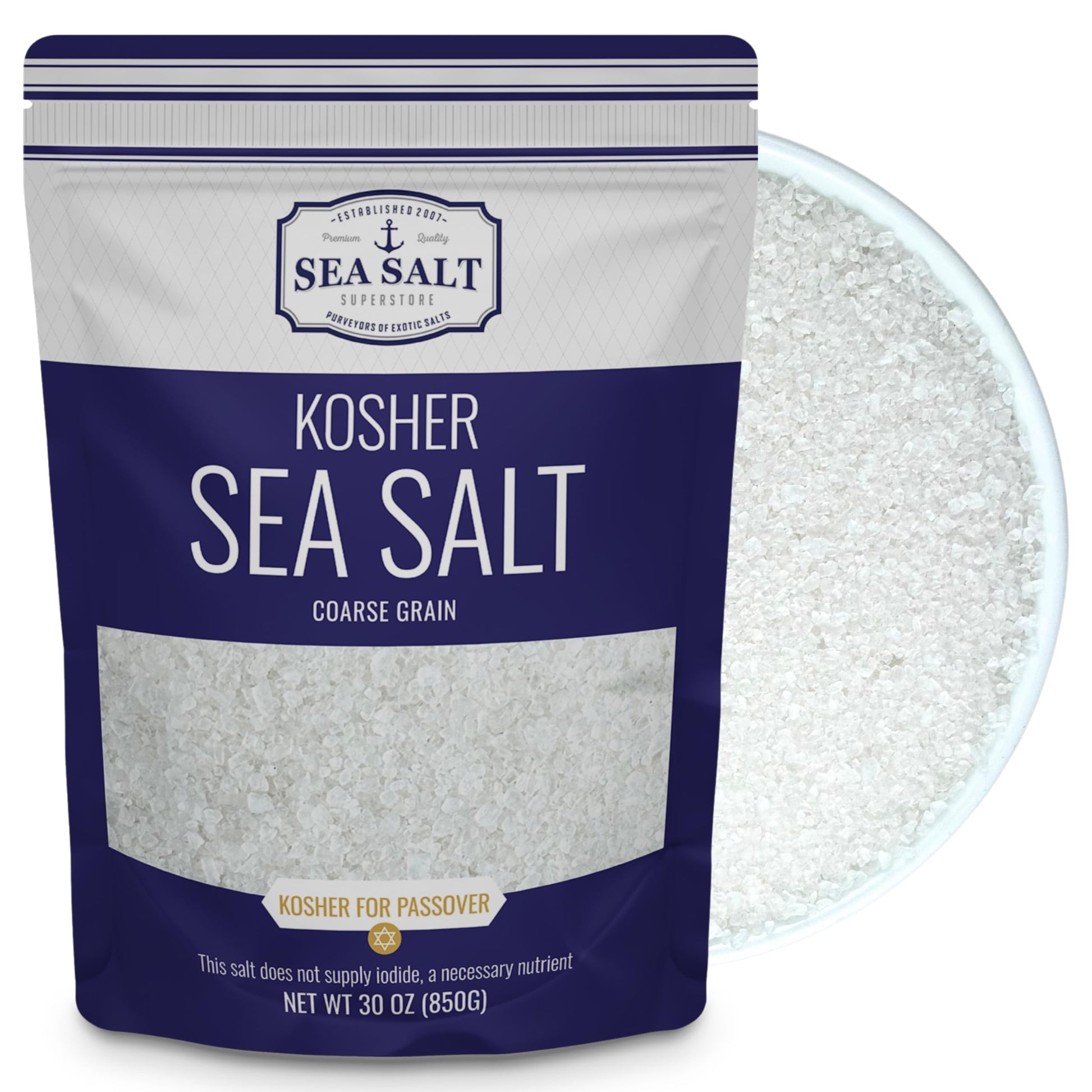 Kosher Coarse Grain Sea Salt - 30 oz Pouch with natural coarse sea salt texture and packaging designed for Passover.