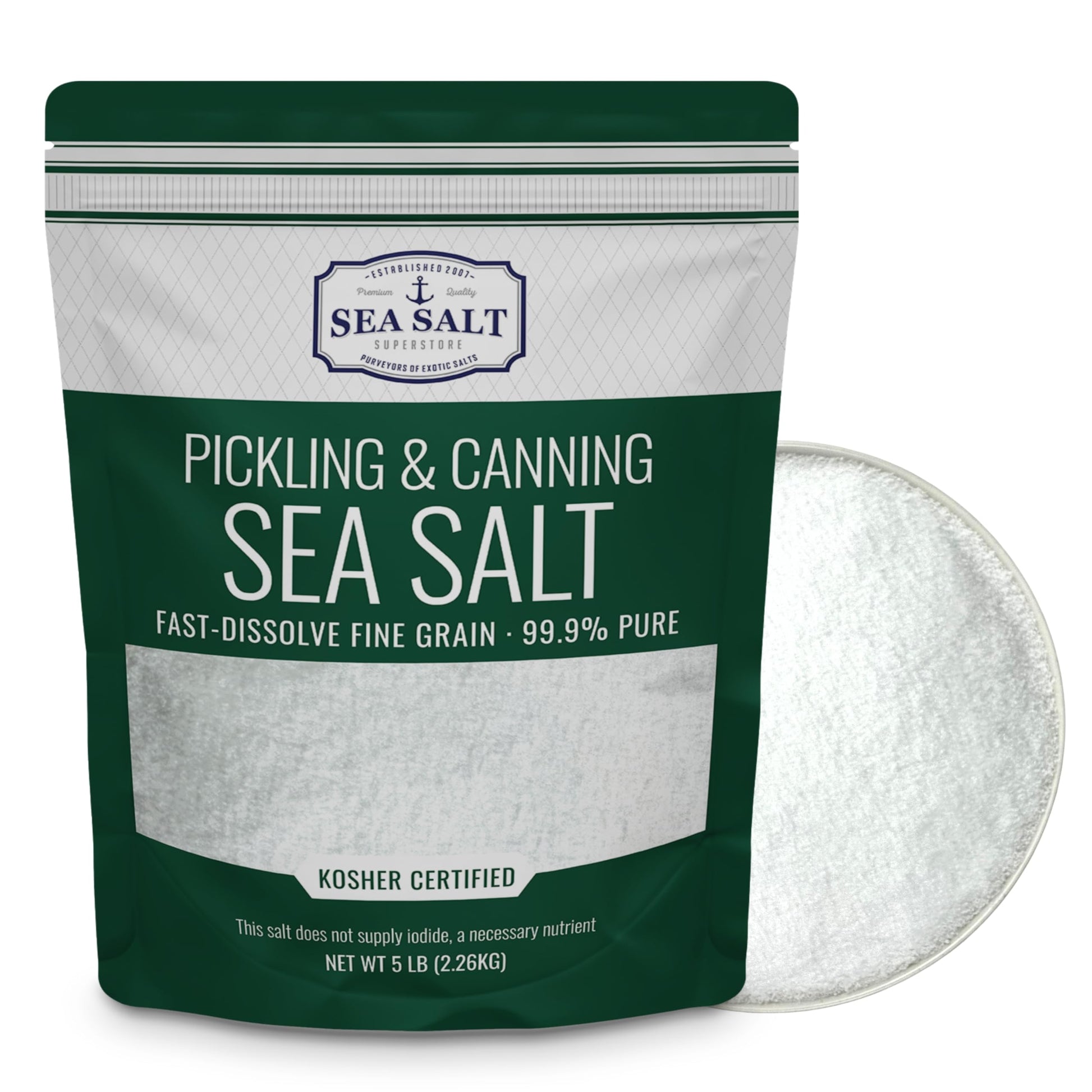 Pickling and Canning Sea Salt - 5 lb Bag packaging with fast-dissolve fine grain sea salt.