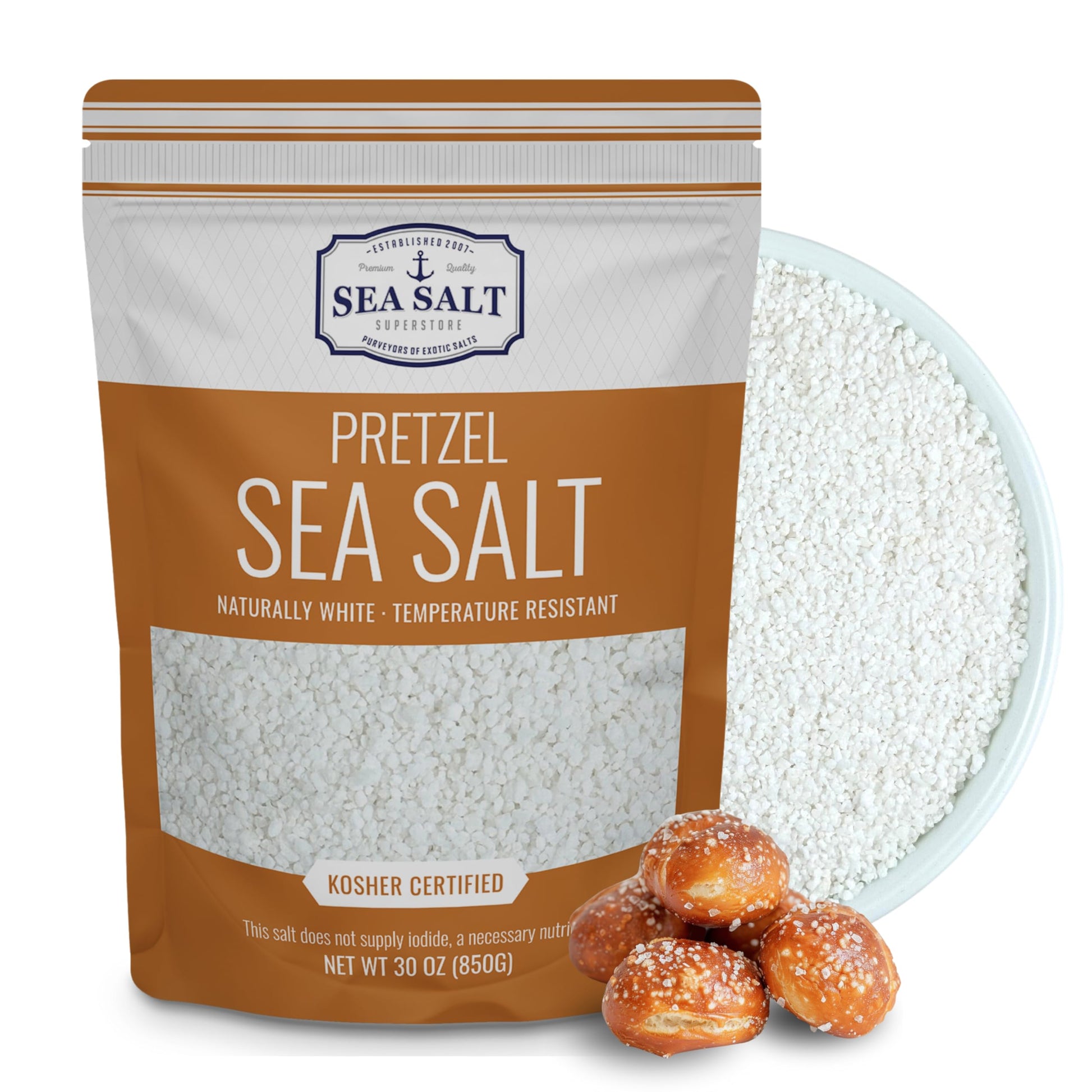 Pretzel Sea Salt - 30 oz Pouch featuring naturally white, heat resistant pretzel salt next to pretzel bites.