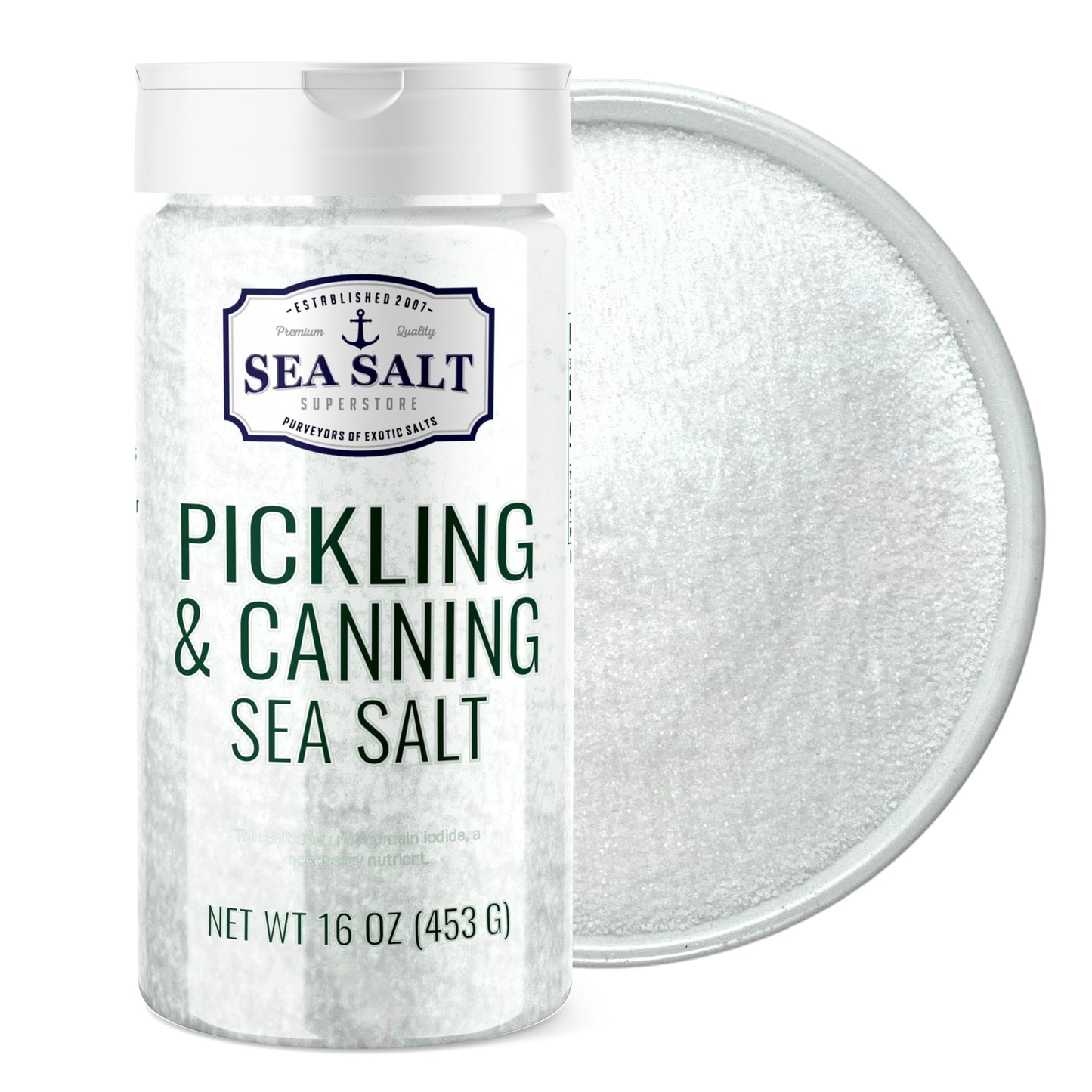 Pickling and Canning Sea Salt - 16 oz Shaker with a clear lid and fine flaky salt for pickling and canning.