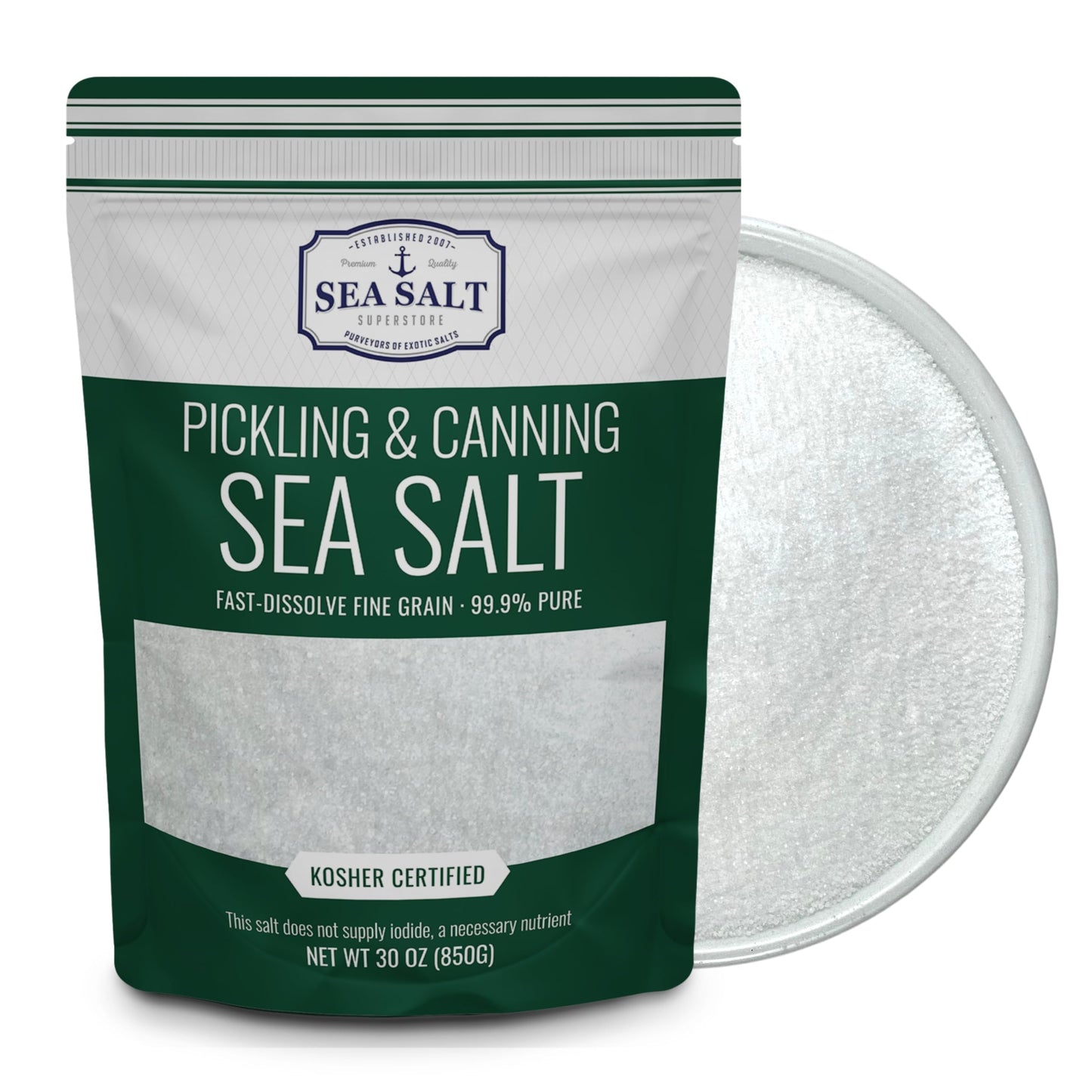 Pickling and Canning Sea Salt - 30 oz Pouch, natural curing salt for pickling and canning, fine grain, fast-dissolve.