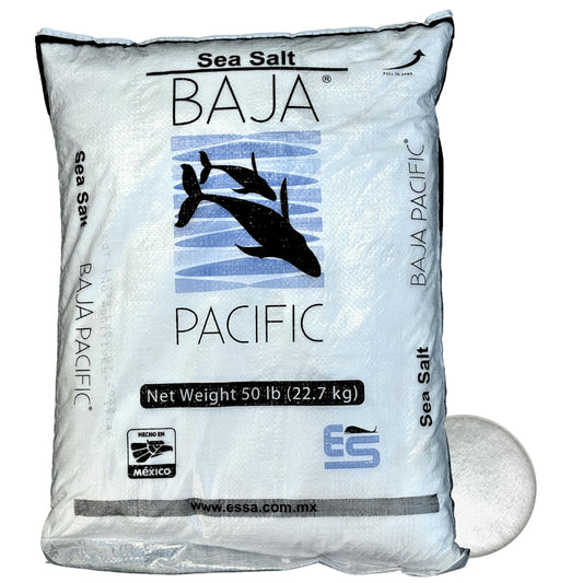Fine Grain Sea Salt - 50 lb Bag package featuring Baja Pacific brand.
