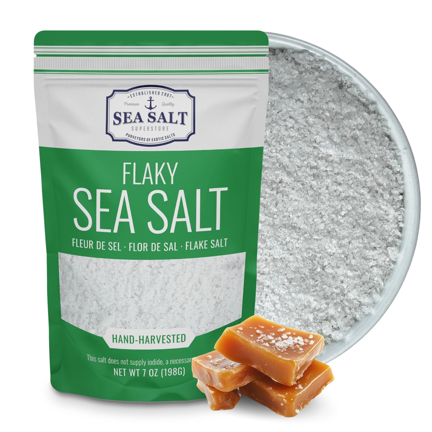 Mini Flake Sea Salt 7 oz Pouch - Premium flaky sea salt ideal for finishing dishes, featuring a hand-harvested clean flavor.