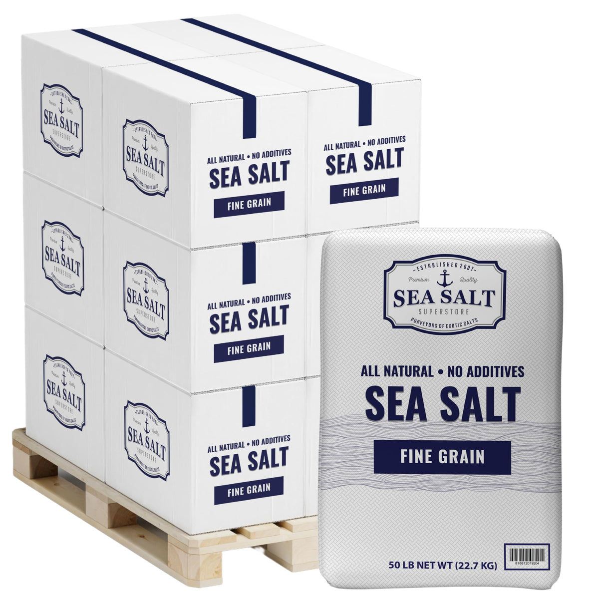 Bulk Fine Grain Baja Sea Salt, 50 lb bags, 2500 lb pallet