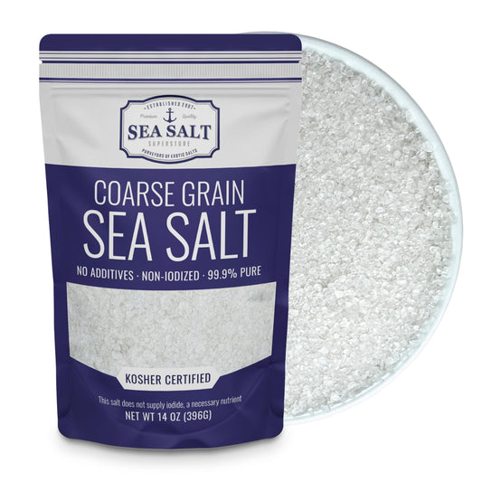 Coarse Grain Sea Salt - 14 oz Pouch featuring pure white crystals in a resealable bag.