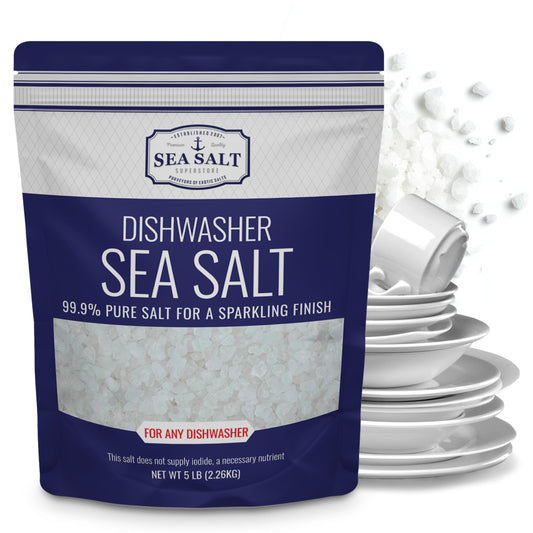 Dishwasher Salt - 5 lb Bag with pure sea salt for sparkling clean dishes and hard water residue removal.