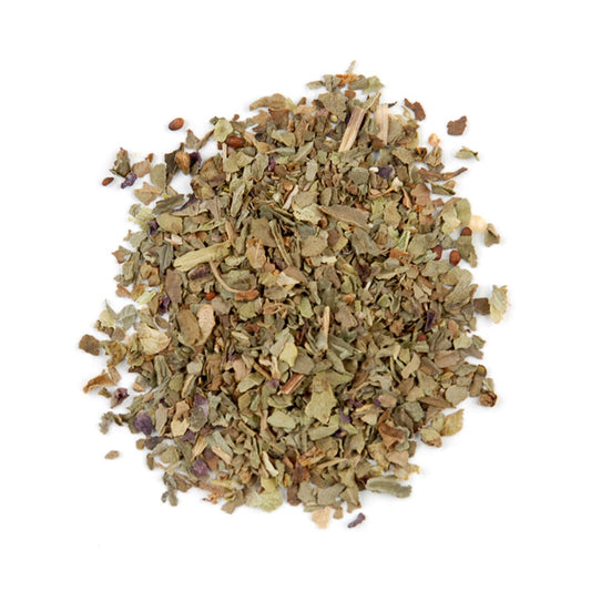 BASIL, LEAF - 25 lb bag / box each, dried basil leaves shown for culinary use in Mediterranean dishes.