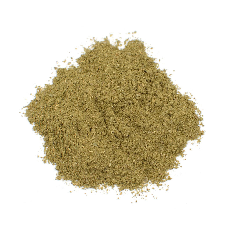 GROUND BAY LEAVES - 8 lb bag / box each, finely ground spice piled on a surface, rich aromatic flavor.