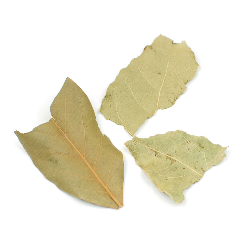 SEMI SELECT BAY LEAVES - 10 lb bag / box each displayed in a close-up of dried bay leaves.