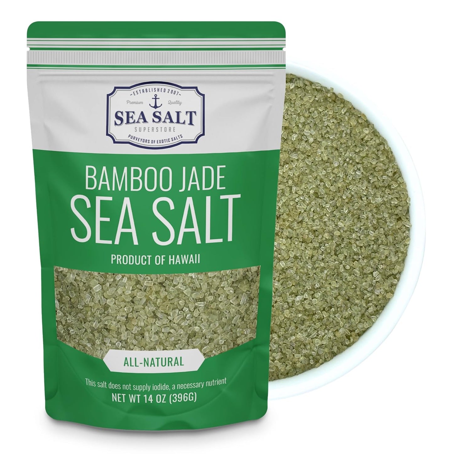 Bamboo Jade Sea Salt - 14 oz Pouch displayed with green sea salt showcasing its all-natural quality.