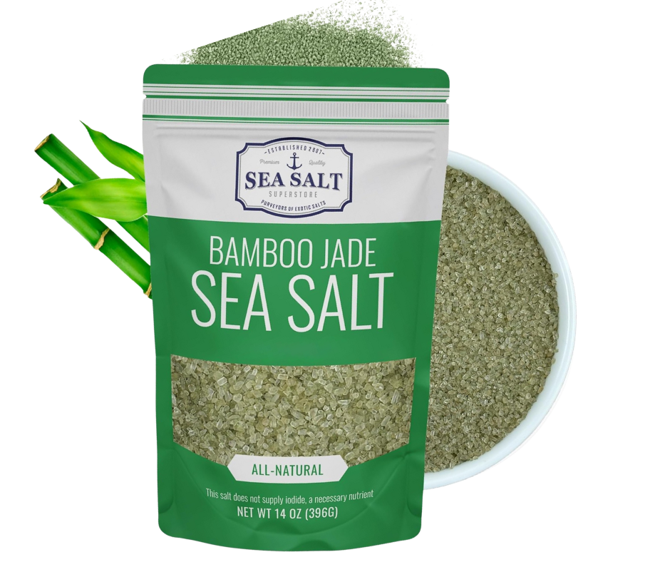 Bamboo Jade Sea Salt - 5 oz Pouch featuring all-natural sea salt in a green package with bamboo decoration.