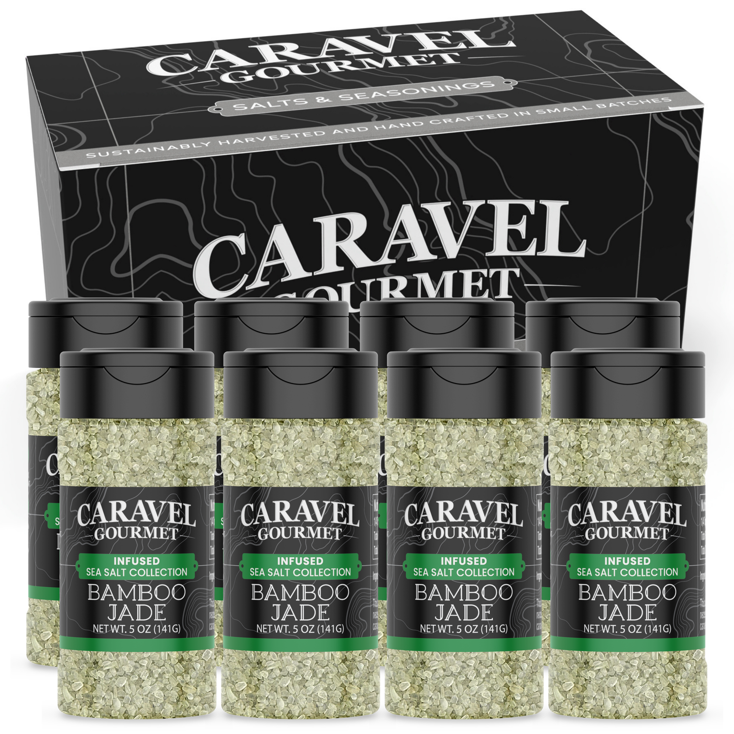 Bamboo Jade Salt - Shaker - Case Pack - 8 units displayed in an elegant box design with six 5 oz shakers.