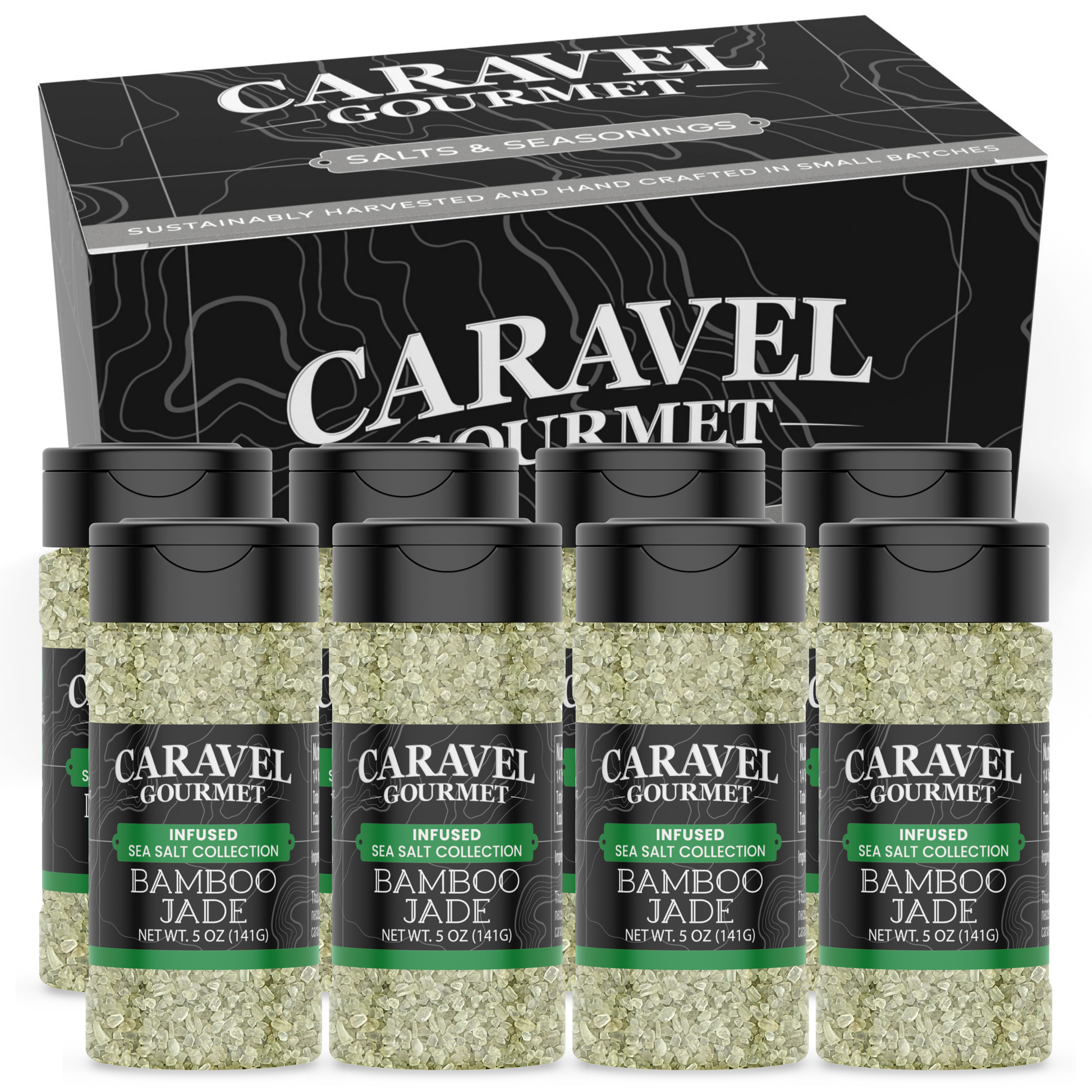 Bamboo Jade Salt - Shaker - Case Pack - 8 units displayed in an elegant box design with six 5 oz shakers.