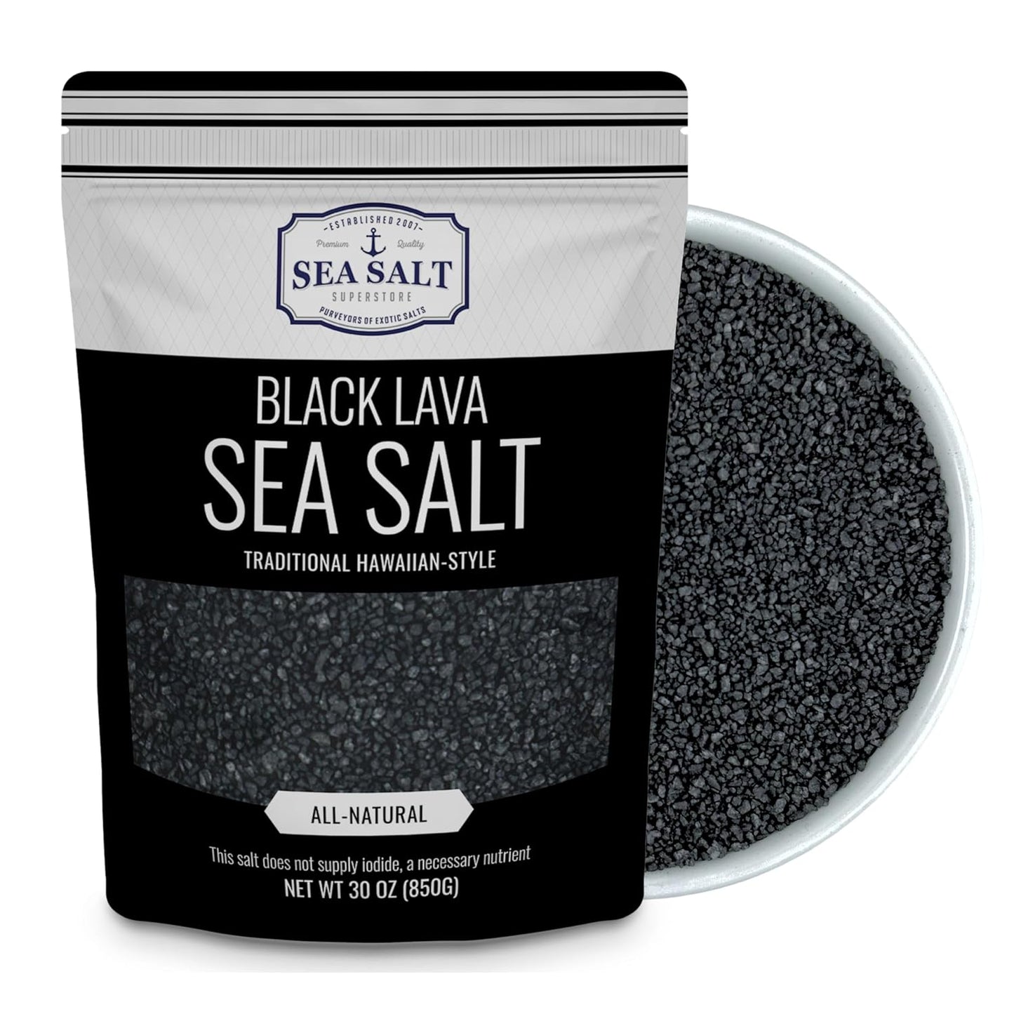Black Lava Sea Salt - 30 oz Pouch, traditional Hawaiian-style sea salt with a distinctive color and smoky taste.