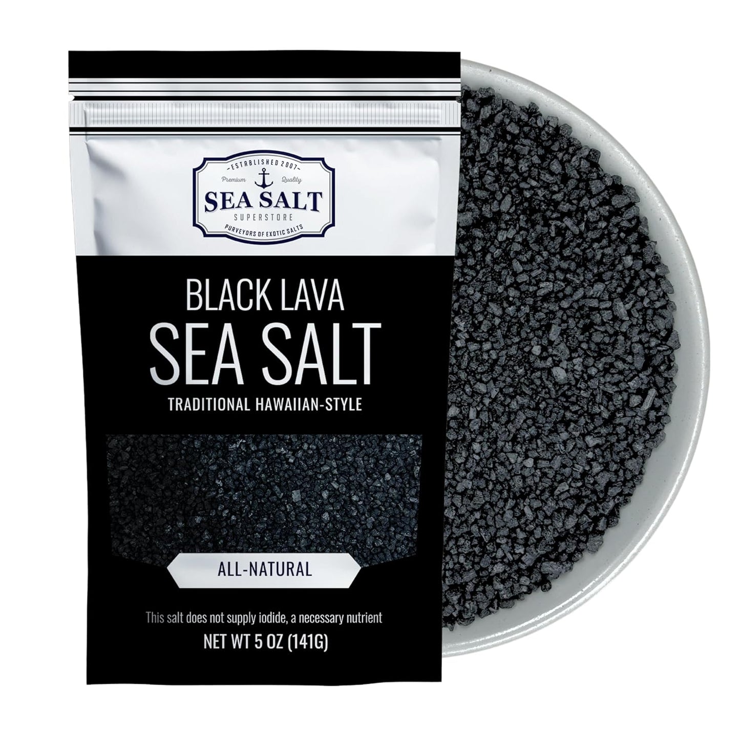 Black Lava Sea Salt - 5 oz Pouch featuring traditional Hawaiian-style sea salt in a bowl.
