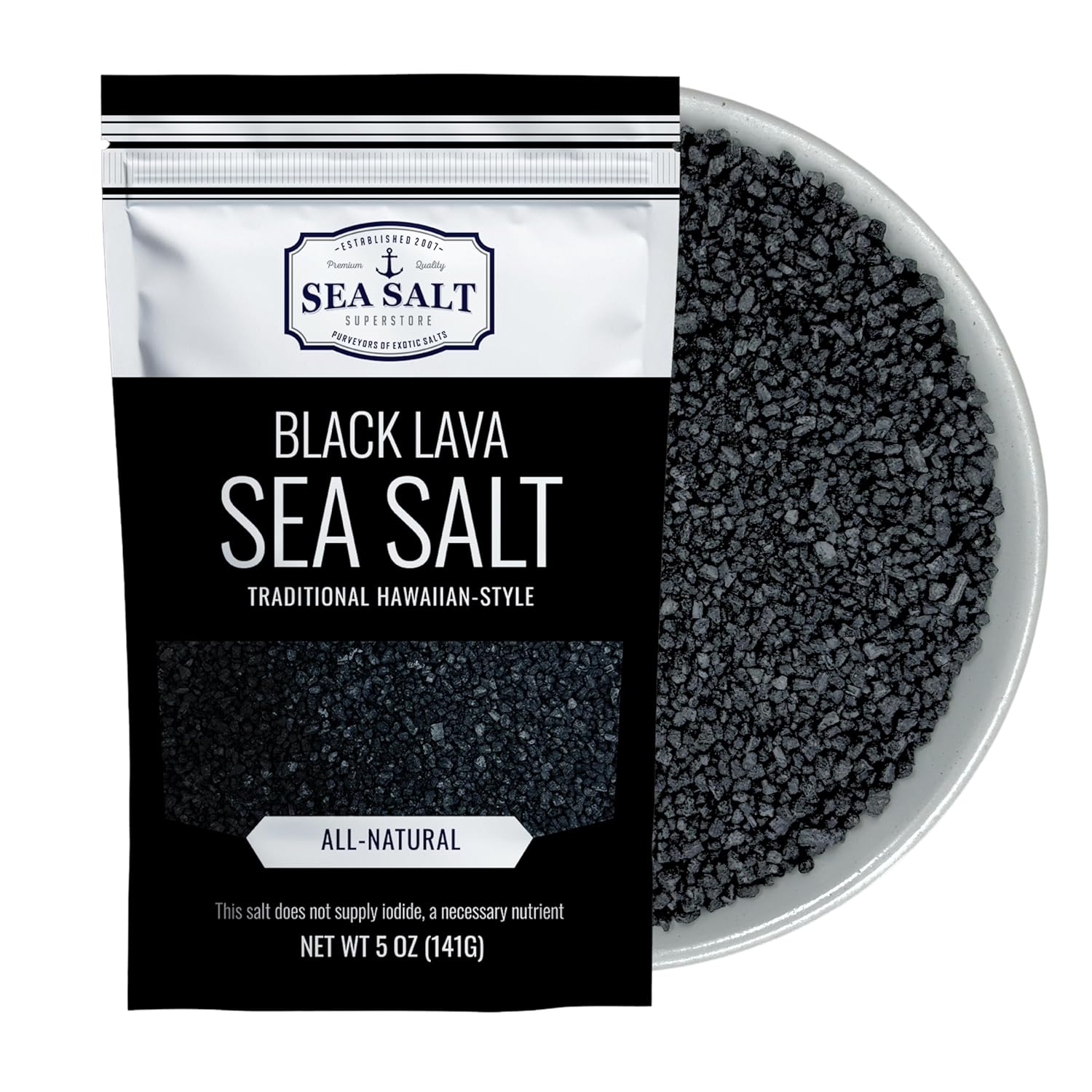 Black Lava Sea Salt - 5 oz Pouch featuring traditional Hawaiian-style sea salt in a bowl.