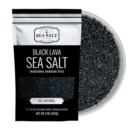 Black Lava Sea Salt - 5 oz Pouch featuring traditional Hawaiian-style sea salt in a bowl.