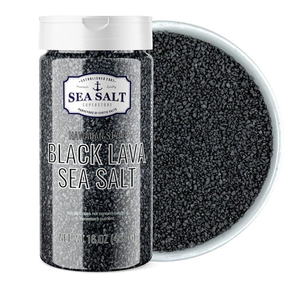 Black Lava Sea Salt - 16 oz Shaker in a container and bowl, highlighting rich black color and texture.