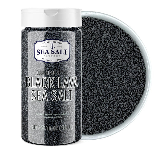 Black Lava Sea Salt - 16 oz Shaker in a container and bowl, highlighting rich black color and texture.