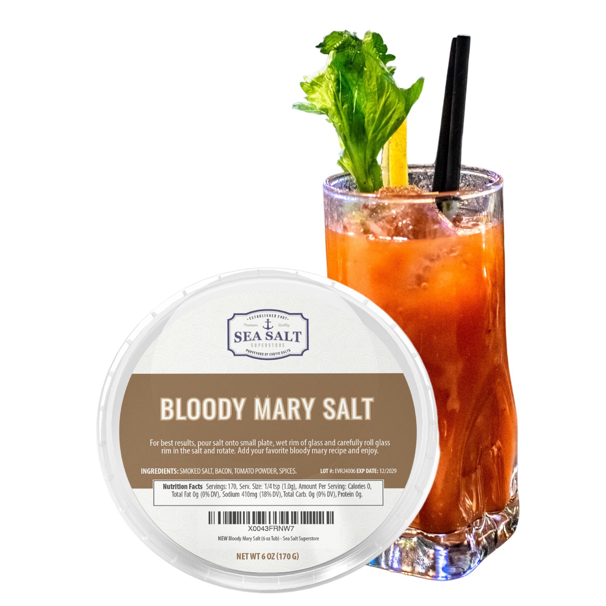 Bloody Mary Sea Salt - 6 oz Tub with a cocktail glass garnished with celery and lemon
