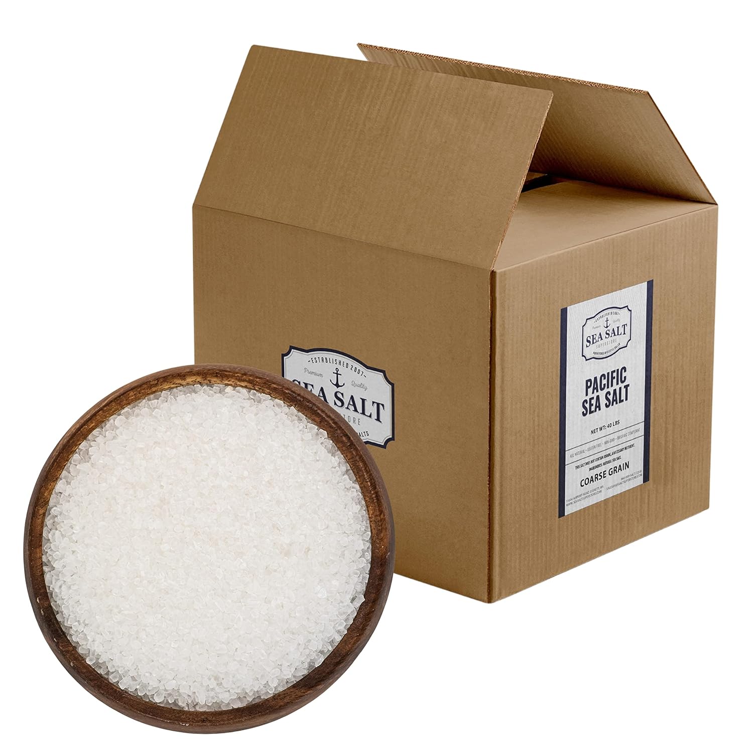 Coarse Grain Sea Salt 40 Pound Bag in box with bowl of coarse sea salt, ideal for seasoning and bulk food service.