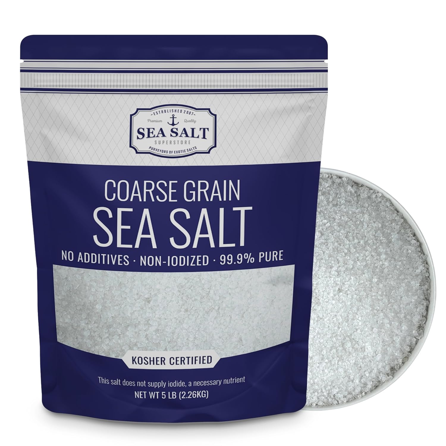 Kosher Coarse Grain Sea Salt 5 lb Bag packaging featuring all-natural sea salt with no additives and kosher certification.