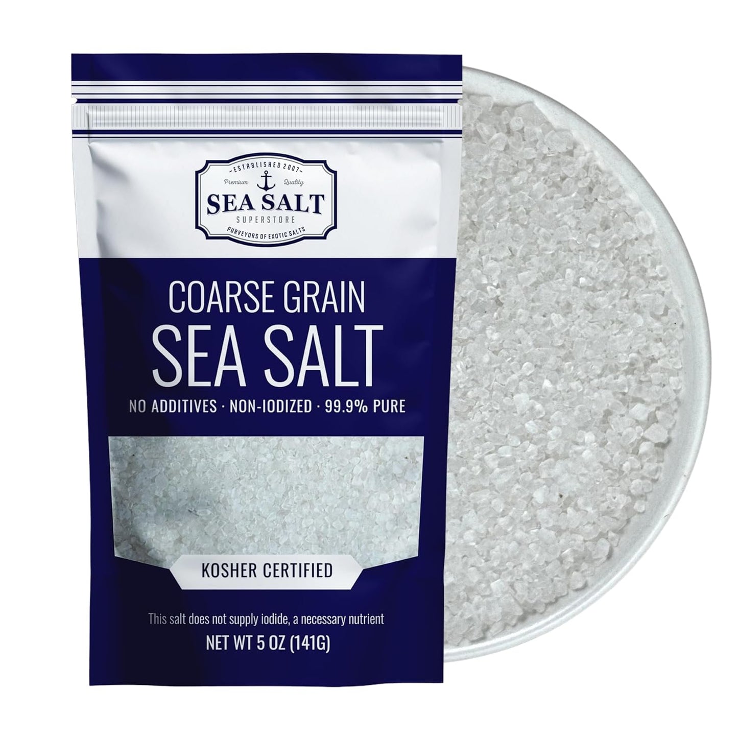 Coarse Grain Sea Salt - 5 oz Pouch with pure white crystals in packaging and bowl, perfect for cooking and koshering.