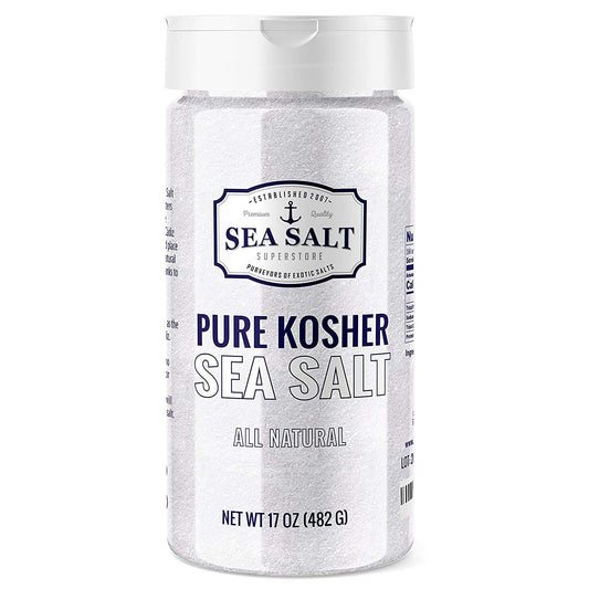 Kosher Coarse Grain Sea Salt - 16 oz Shaker in a shaker container, featuring an all-natural and kosher label.