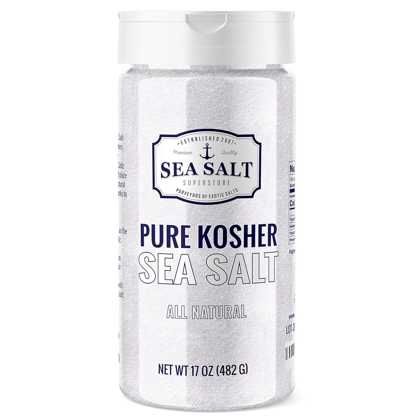 Pure Kosher Sea Salt - 17 oz container showcasing all natural seasoning for various culinary uses.