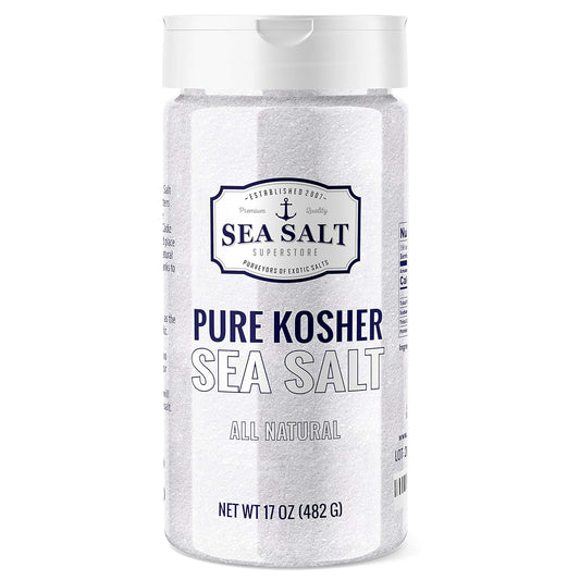 Pure Kosher Sea Salt - 17 oz container showcasing all natural seasoning for various culinary uses.