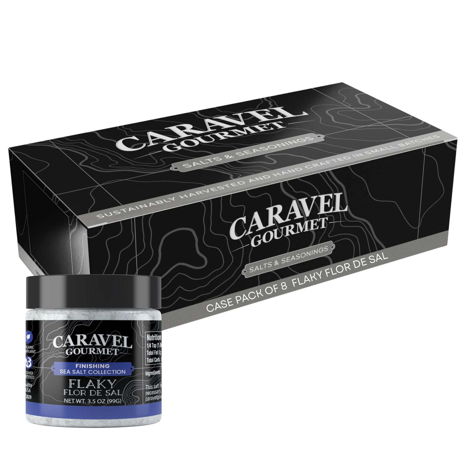 Mini Flake Sea Salt - Chef Pinch Jar - Case Pack - 8 units packaging and jar image by Caravel Gourmet.