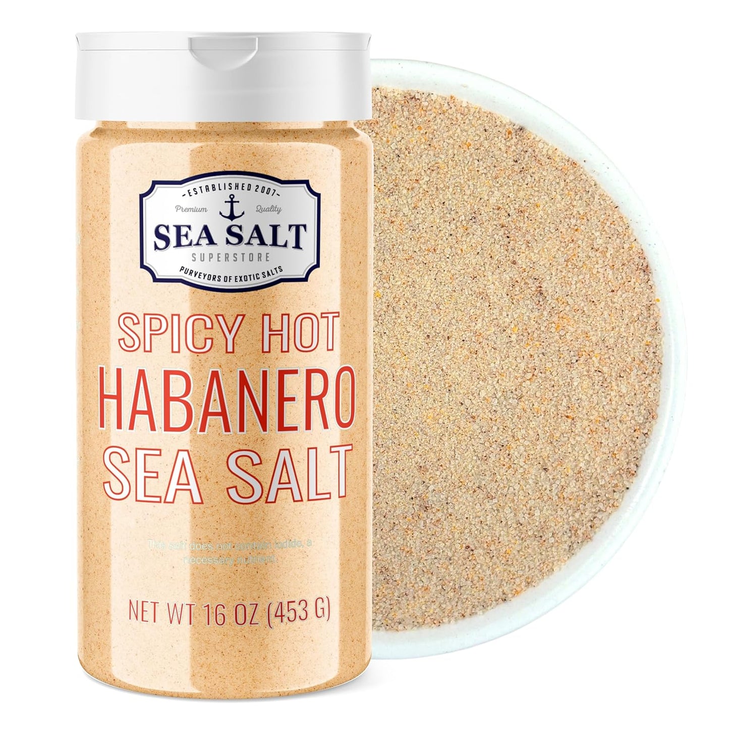 Habanero Sea Salt - 16 oz Shaker in a clear container with lid and a bowl of salt.
