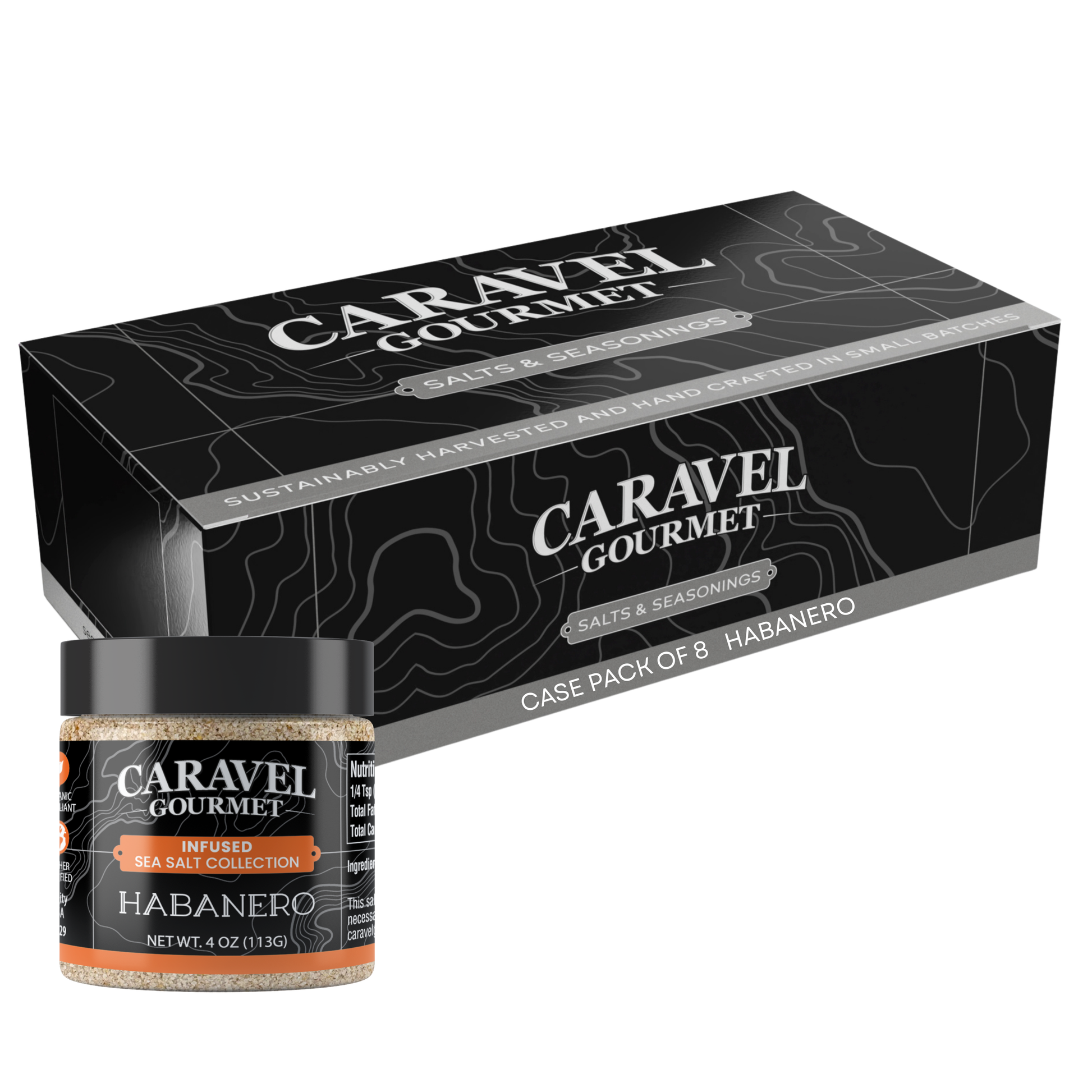 Habanero Sea Salt - Chef Pinch Jar - Case Pack - 8 units with black packaging and glass jar.
